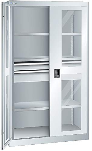 Lista | Schwerlastschrank | 3 Fachböden | 2 Schubladen mit Sichtfenstertüren | lichtgrau