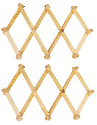 ECOSWAY 10 Haken aus Holz, ausziehbarer Akkordean-Stil, Wandmontage, zusammenklappbar, für Kappen, Gürtel, Regenschirme, Kaffeetassen, Aufbewahrungs-Organisation, Garderobe ~ 2 Stück