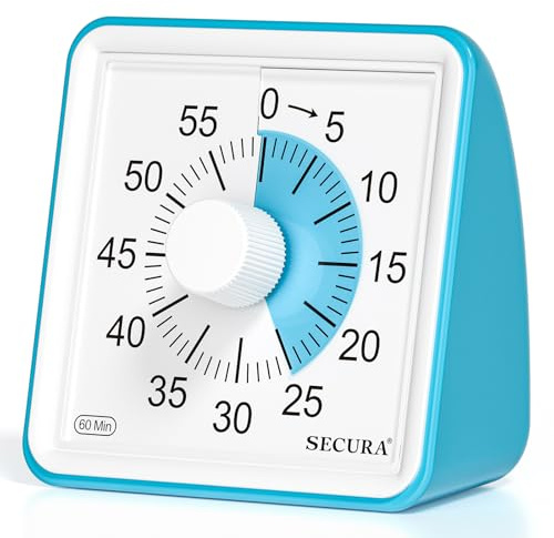 Secura Visual Timer for Kids, 60 Minute Classroom Countdown Timer for Study | Non-Ticking, Adjustable Alarm Volume/Duration, Low Power Reminder, Time Management Tool for ADHD (Blue & Blue)