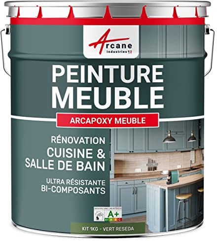 Peinture Meuble Cuisine, Salle de Bain - Résine Epoxy Bi-composant - ARCAPOXY MEUBLE - 1 kg (jusqu'à 12 m² en 2 couches) Vert Réséda - RAL 6011 - ARCANE INDUSTRIES