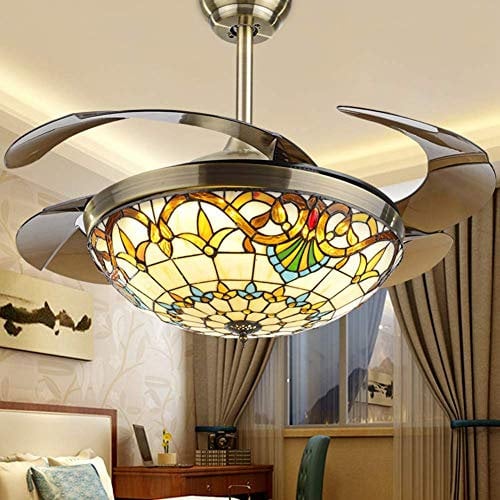 Tiffany Ceiling Fan with Light, Metal Ceiling Chandelier 42in LED Remote Control Ceiling Light with Retractable Blade Dimmable Lighting Fan,Opaque Blades