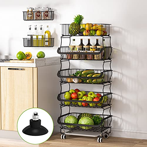 1Easylife Fruit Vegetable Basket, 5 Tier Stackable Fruit Vegetable Stand with Rolling Wheels, Vegetable Storage Rack for Kitchen, Pantry, Garage With 2 Free Baskets (Black)