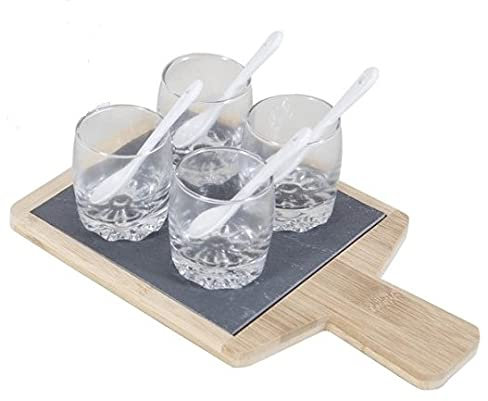 Tableau en bois respectueux de l'environnement 4 verres en verre et 4 cuillères en porcelaine