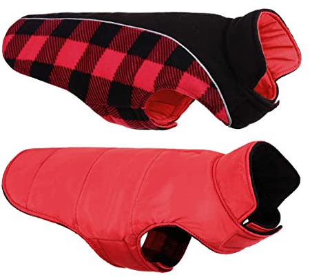 CITÉTOILE Warme Hundemantel Winter, Hundemantel mit Bauchschutz, Wintermantel für Hunde mit Reflektierend, Wendbarer Hundejacke Hundekleidung mit Geschirrloch, Rot, XL