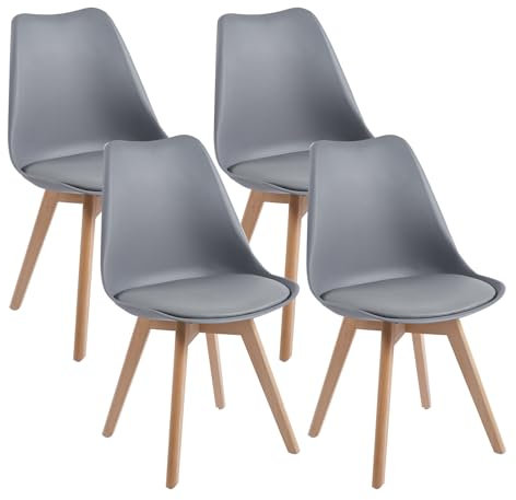 DEWINNER Esszimmerstühle, Küchenstuhl, skandinavisch, Retro mit Rückenlehne, gepolsterte Sitzfläche aus massiver Buche (Grau, 4er Set)