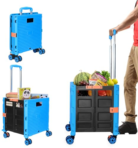 Carro de la Compra Plegable, Carro de la Compra Plegable de plástico, Carro de Transporte, hasta 50 kg, Cesta de la Compra con Tapa, asa de Aluminio, con silenciador Universal 8 Ruedas (Blue)
