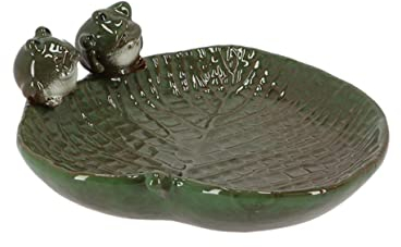 Rivanto® Keramik Vogeltränke Blatt mit zwei Froschfiguren 23 x 22 x H8,5 cm, Vogelbad und Futterstation