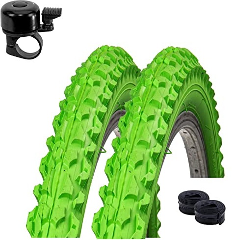 2 x Roverstone 26 Fahrradreifen Fahrradmantel grün 57-559 (26x2,125) + 2 Schläuche DV inkl. Fahrradklingel