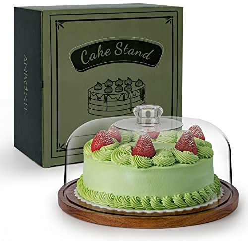 ANBOXIT Cake Stand with Dome Lid, Acacia Wood Cake Plate with Cover, Wooden Cake Display Stand with Acrylic Dome ( Flat )