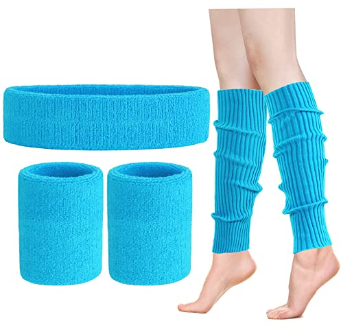 ONUPGO Beinlinge Set Damen 80er Neon Strick Beinlinge Stirnband Armbänder 1980er Jahre Workout Kostüme Zubehör für Frauen (Neon Blue)
