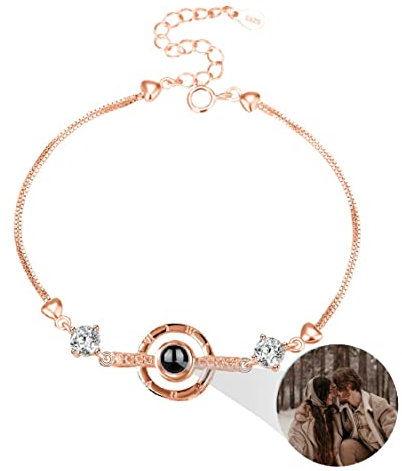 Liskanap 925 Sterling Silber Personalisierte Foto Armband mit Bild Projektion Armband im Stein Ich liebe dich Armband 100 Sprachen für Damen Herz Denkmal der Liebe Schmuckgeschenk (RoseGold-Runden 2)