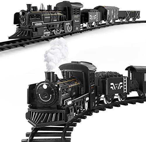 Train Set with Steam Locomotive Engine, Electric Train Toy for Boys Girls with Smokes, Lights& Sound, Cargo Cars& Tracks, Christmas Train Sets Under the Tree, for Kids Ages 3 4 5 6 7 8+
