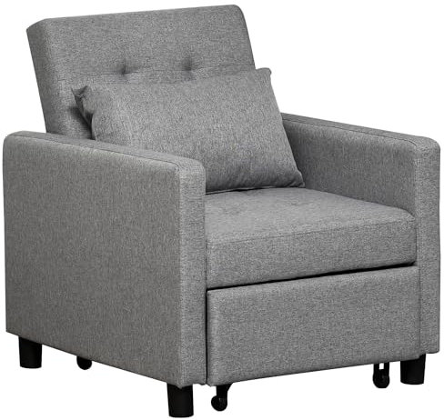 HOMCOM 3-In-1 Single Chair Bed, Tufted Pull Out Chair Bed, Convertible Sleeper Couch with Adjustable Backrest for Living Room and Bedroom, Grey