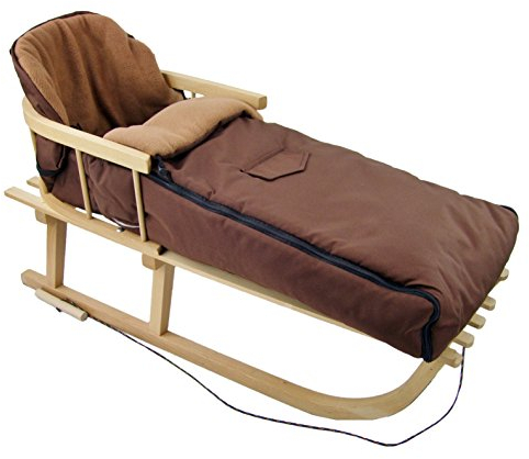 Kombi-Angebot Holz-Schlitten mit Rückenlehne & Zugseil + universaler Winterfußsack (108cm), auch geeignet für Babyschale, Kinderwagen, Buggy, Thermofleece Uni (braun + Schlitten)
