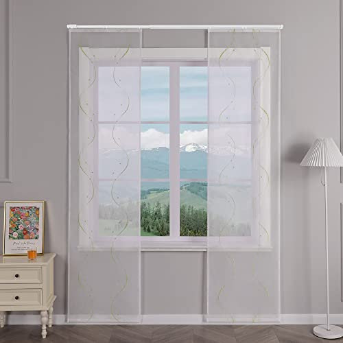Delien Schiebevorhänge 2er Set Transparente Schiebegardinen Modern mit Paneelwagen Flächenvorhänge mit Wellenmuster Wohnzimmer Fenster Gardinen Bestickt mit Klettband BxH 57x145cm,Grün