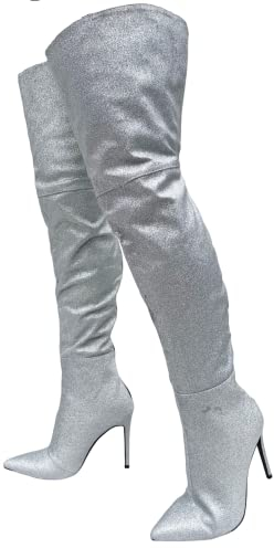 Frankie Hsu Sexy Unisex Stiletto sopra il ginocchio coscia alti stivali lunghi, argento glitter carino stile moda, grande grande dimensione punk tacco scarpe per donna uomo, Argento, 41 EU