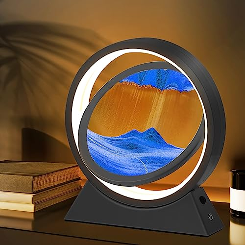 Ulikey Cadre Sable Mouvant, 3D Sablier Decoratif avec Veilleuse LED, Image de Sable Dynamique Peinture de Sable Qui Coule, Cadre Sablier Led en Verre Rond pour Adultes la Décoration (bleu noir)