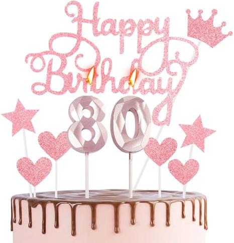 Happy 80th Birthday Cake Topper & Candles - Rose Gold Number 80 for Cake Decorations - Rose Pink Cupcake Topper for Women