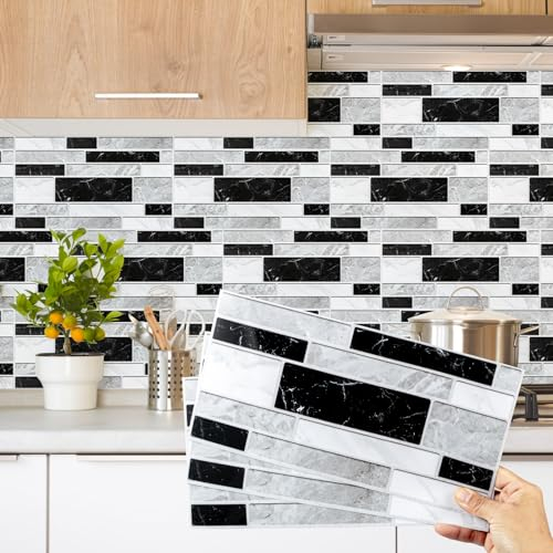 Decoroom Adesivi per piastrelle grigio nero 12 pezzi/15 x 30 cm Peel and Stick vinile marmo autoadesivo piastrelle adesivi da parete impermeabili fai da te decorazione domestica bastone su piastrelle