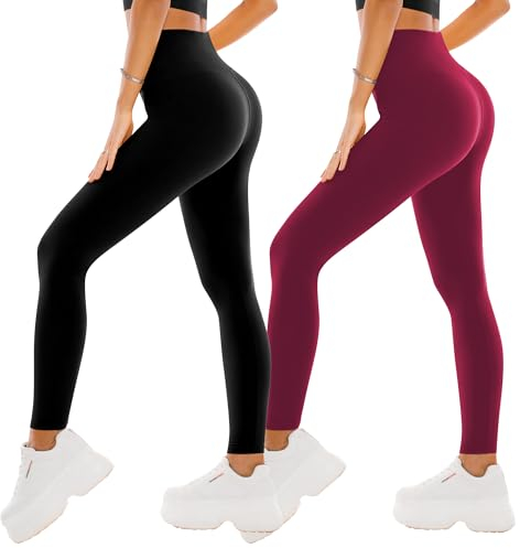 SINOPHANT 2er Pack Leggings Damen High Waist - Sportleggins Elastisch Yogahose Blickdicht Fitness Gym Yoga(2 Schwarz/Weinrot,L-XL)