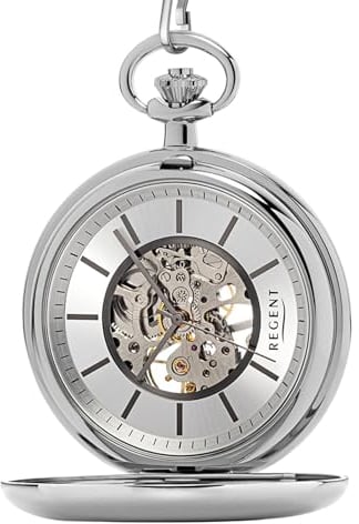 REGENT Taschenuhr mit Kette ⌀51mm Uhrwerk skelttiert Mineralglas P-769