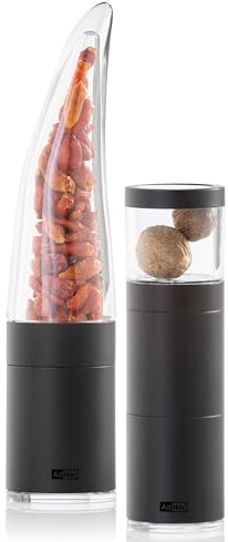 AdHoc Starter-Geschenkset | Chilimühle Pepe & Muskatnussmühle Muskatino in Schwarz inklusive Füllung gratis | 2 Gewürzschneider in exklusiver Geschenk Verpackung direkt von AdHoc