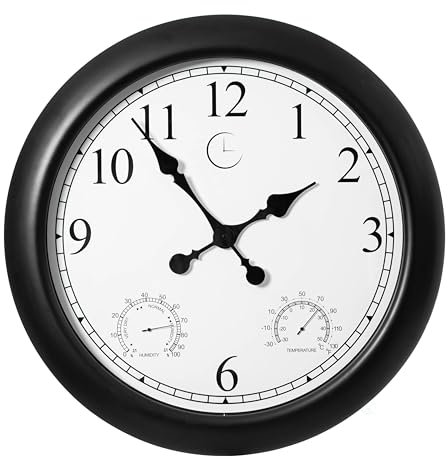 Clockswise Grande Horloge Murale d'extérieur de 61 cm avec thermomètre, hygromètre étanche, silencieuse, à Piles, décoration de Ferme, Horloge de Jardin, Station météo