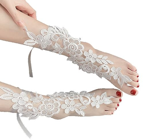 WATERBELINE Bracelet de Cheville en Dentelle brodée de Fleurs,Sexy,avec Orteil,Vintage,Floral,Pieds Nus,Sandales,Esclave,Cadeau pour Femmes et Filles