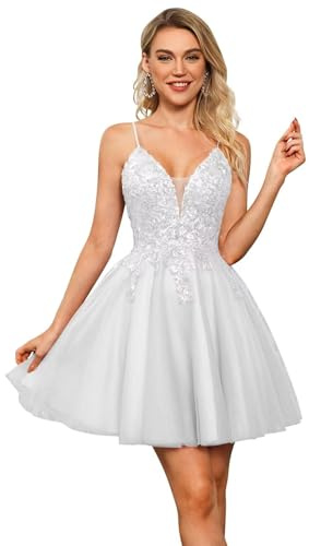 Beyonddress Tüll Abendkleider für Frauen Kurz Spitze Homecoming Kleider Applikation Glitter Paillette Mini Ballkleid(Weiß,38)