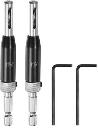sourcing map 2pcs Self Centering Drill Bit Set 11/64, 1/4 Hex Shank Drilling Bits for Wood Working, Cabinet Door Hinge Hole Punch Tool Self Center with Hex Keys L-Shaped, Black