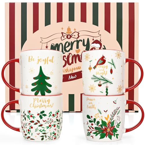 Joymaking Christmas Coffee Mug Set of 4 - Ceramic Tree Mugs for Kids, Women - Gift Set, Merry Xmas Ornaments, 11 Oz