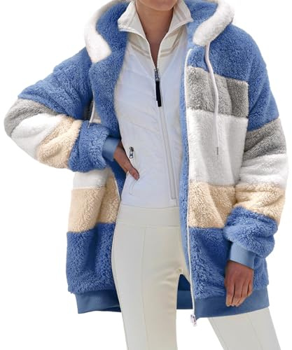 CMTOP Felpa Donna con Cappuccio Caldo Felpa in Pile Teddy Autunno Invernali Cappotto Patchwork Peluche Felpa Donna con Zip Outwear Casual Hoodie Giacca con 2 Tasche