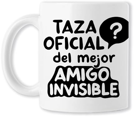 AMIGO INVISIBLE - Taza de Cerámica con Frase divertida | Taza oficial del MEJOR AMIGO INVISIBLE | 330 ml Regalo Original de Navidad para hombre o mujer. Compañeros de trabajo. Blanco Brillante