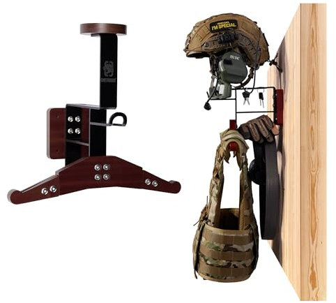 OneTigris Helmet Stand 2.0, Wall Mounted Motorcycle Helmet Holder with Adjustable Hanger, Double Hooks, Easy Installation & 80KG Load Capacity for Airsoft Gear, Motorbike Jackets, Gloves, Bags