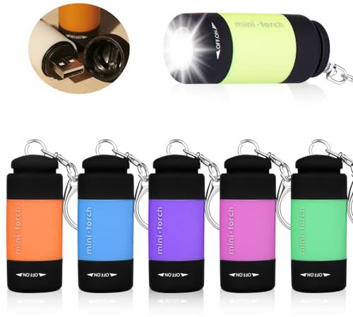 GOMETY Lot de 6 mini lampes de poche LED pour enfants - Rechargeable par USB - Revêtement en silicone - Étanche - Avec porte-clés (6, bleu, vert, jaune, rose, orange, violet)