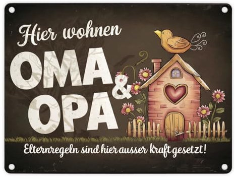 Hier wohnen Oma und Opa - Metallschild in 15x20 cm - Elternregeln außer Kraft Ein Zuhause für Großeltern Dunkle Töne für eine elegante Note