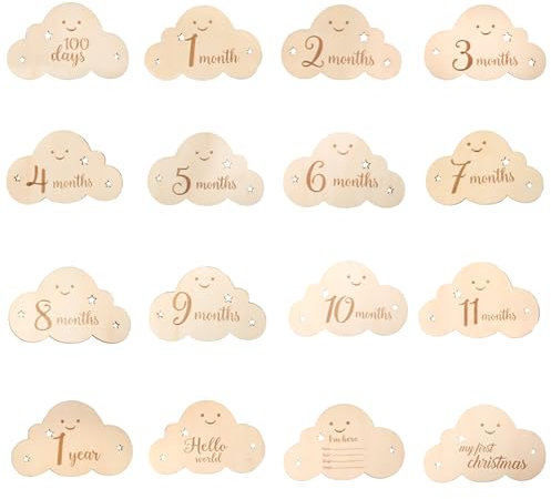 Greyoe 1 Set Meilensteinkarten Baby, Baby Meilensteinkarten,Baby Karten Meilensteine Meilensteinkarten Baby Holz, (Wolken- und Stern-Meilensteinkarte) Perfekte Deko für Babyfotos und Kinderzimmer