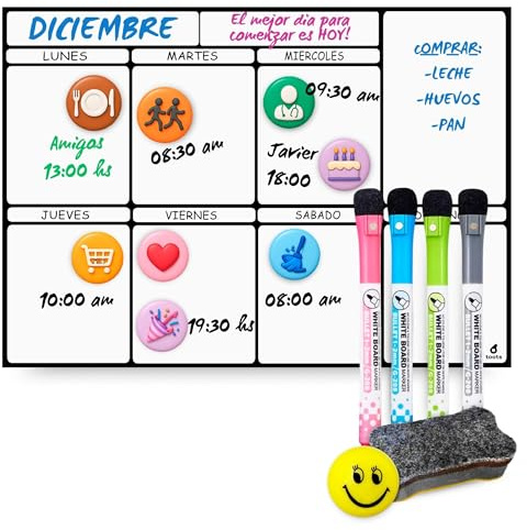 toots - Calendario Magnético para Nevera A3 (42x30) Planificador Mensual y Semanal con 4 Marcadores, Borrador, Emoji y 8 Imanes Temáticos | Pizarra Organizadora Cocina