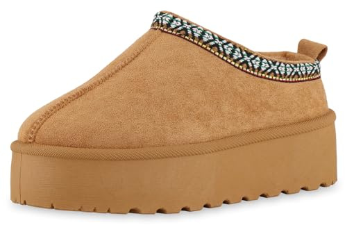 VAN HILL Damen Hausschuhe Pantoffeln Warm Gefüttert mit Plateau Prints Profilsohle