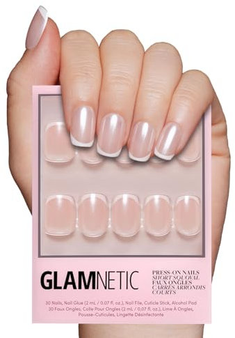 Glamnetic Press On Nails - La Perle | Squoval White Nails with French Tips, Reusable Stick On Fake Nails with Glue | Salon Quality | 15 Sizes - 30 Nail Kit
