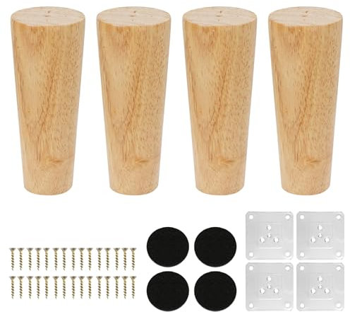KINDPMA 4 Piezas 12cm Patas para Muebles Madera Roble Cónicas Patas de Mesa de Madera Patas para Sofas con Tornillos y Placa de Montaje para Cama,Sillón,Gabinete de TV, Armario