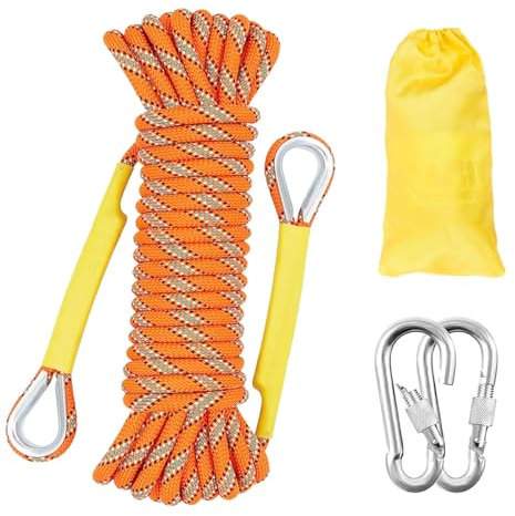 Gangying Corde d'escalade 12mm Corde Statique 20m Cordon Équipement Corde d'évacuation avec 2 Mousquetons pour Équipement d'escalade sur Glace Sauvetage Incendie Corde de Bateau