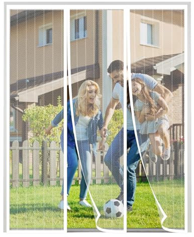 XDMYGTT Magnetic Fly Screen Door, Double Opening Fly Screens for Doors, Magnetic Curtain Mosquito Protection Double Door, Keep Fly Bug Out, White Stripes, 120x200cm