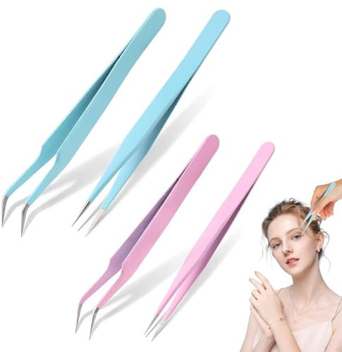 YAPKOLV 4 Pièces Pince à Cils, Extension de Cils, Pince à Épiler avec Pointes Droites et Courbées, Pince pour Faux Cils, Précision pour Extension de Cils