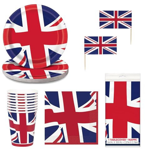 Union Jack Party Tableware Set – Tablecover, 16 Cups, 16 Round Plates, 16 Napkins & 30 Flag Picks for VE Day 80th Anniversary, Royal, Olympic, Eurovision & British Events