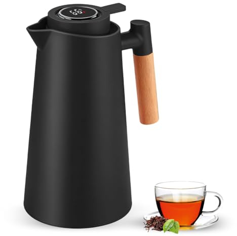 Thermal Flask, 1 Litre Insulated Jug with LED Temperature Display, Vacuum Insulated Coffee Pot Made of Double Glass Insert, 12 Hours Hot/24 Hours Cold, Thermal Insulated Jug, Leak-Proof, One Push