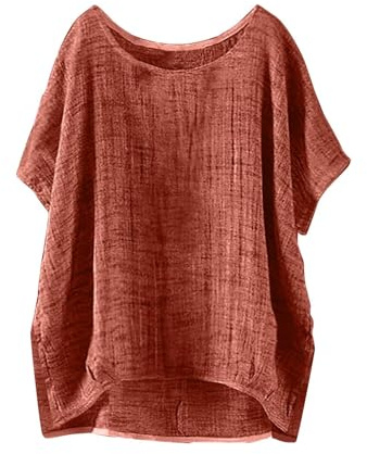HOOUDO Damen Sommer Kurzarm Leinen Top Große Größen Shirt Oversize Rosa Quadratischer Ausschnitt Ballonärmel Oberteil Casual Basic Bluse