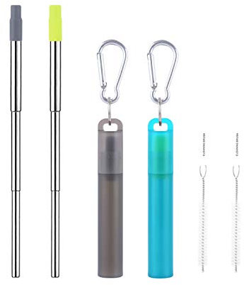 Paquete de 2 pajitas telescópicas reutilizables de metal con punta de silicona de grado alimenticio, pajitas plegables de acero inoxidable plegables con funda portátil y cepillo de limpieza, gris y
