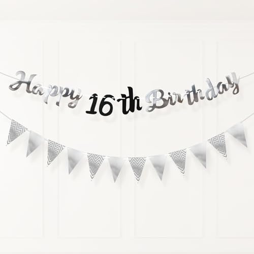 PartyYaa 16. Geburtstag Banner Deko, 16. Geburtstag Girlande & Dreiecksflagge, Schwarz Silber Party Dekoration für Mädchen und Jungen