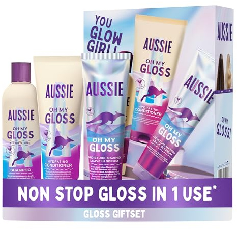 Aussie Oh My Gloss Giftset: Hydrating Shampoo & Conditioner, Leave in Serum | Lightweight Hair Treatment Serum. Moisture & Shine Booster for Dull, Dry Hair, with Jojoba, Safflower, Macadamia Nut Oils